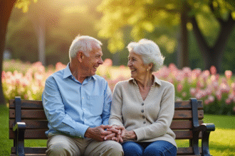 Couple âgé riant main dans la main dans un parc en fleurs
