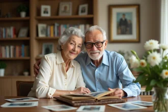 Couple de personnes âgées feuilletant un album souvenir pour leurs 55 ans de mariage noces d'émeraude