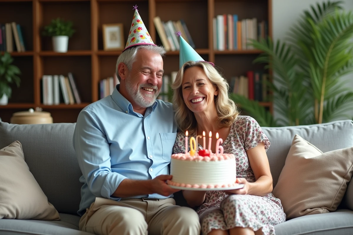 Couple joyeux en fête d'anniversaire avec gâteau et chapeaux