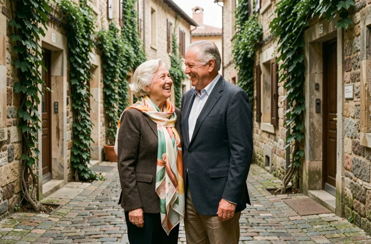Couple élégant dans une ruelle en pierre célébrant 36 ans de mariage avec tendresse et complicité