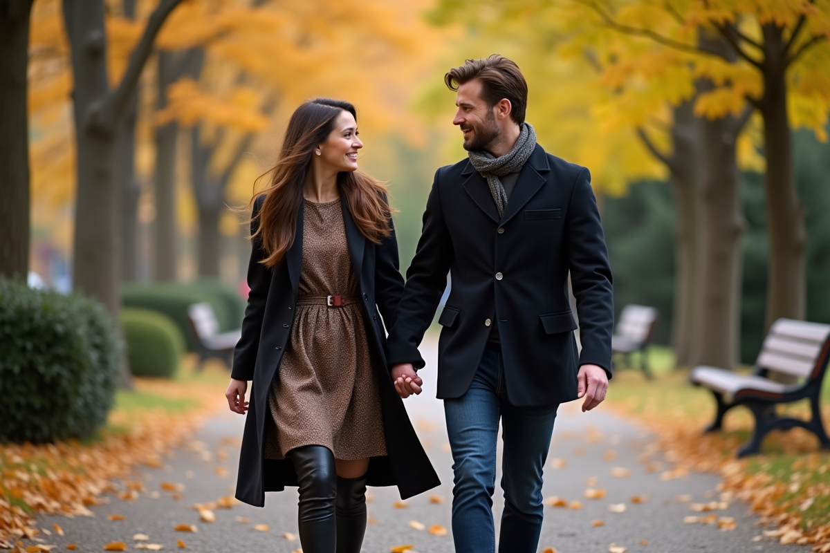 Couple en promenade dans un parc automnal