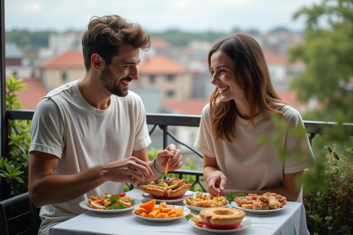 Jeune couple préparant des snacks sur un balcon urbain