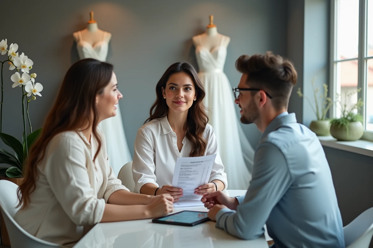 Couple discutant du prix d'une robe de mariée avec une consultante dans un salon de mariage moderne