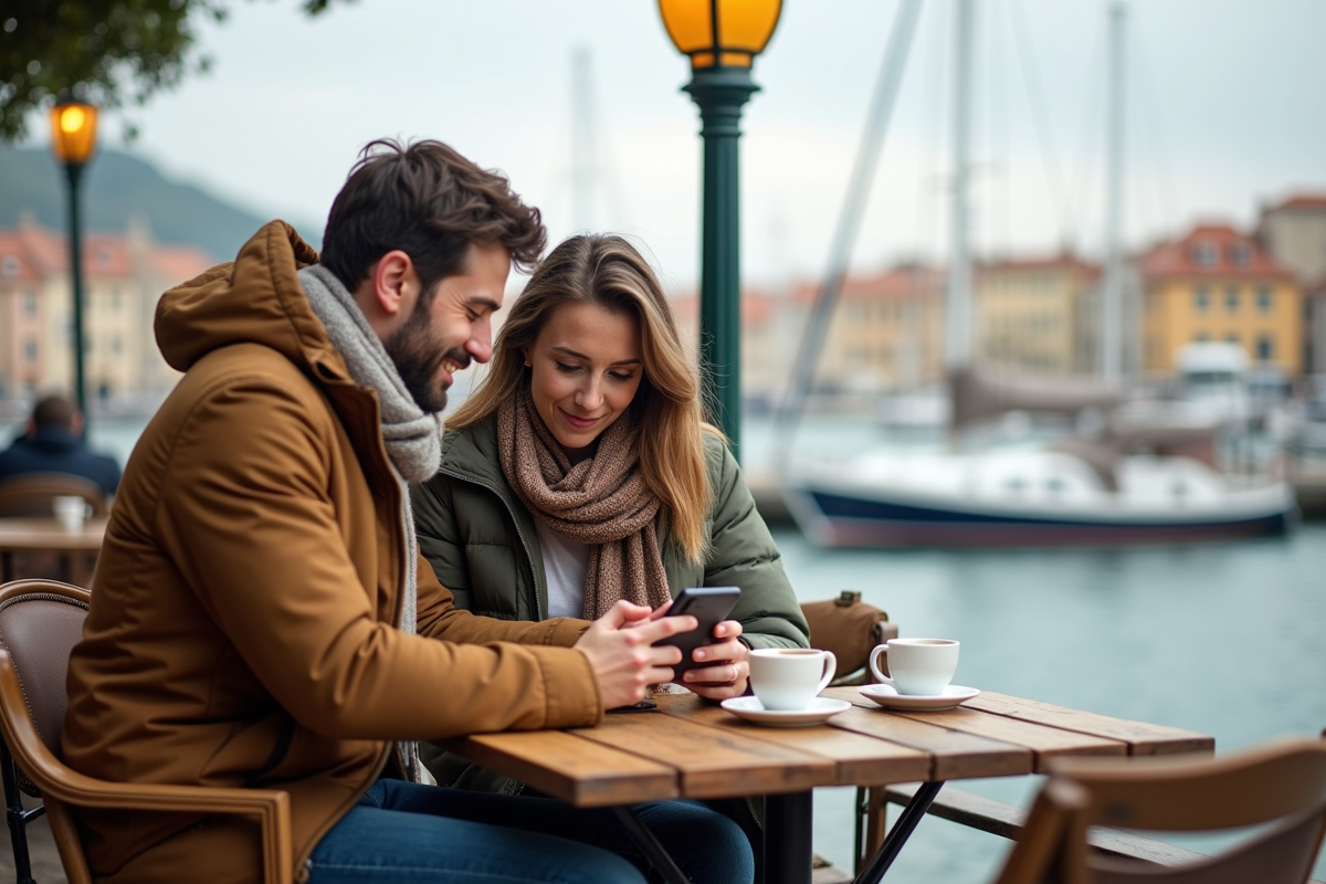 Couple au café regardant un smartphone au port