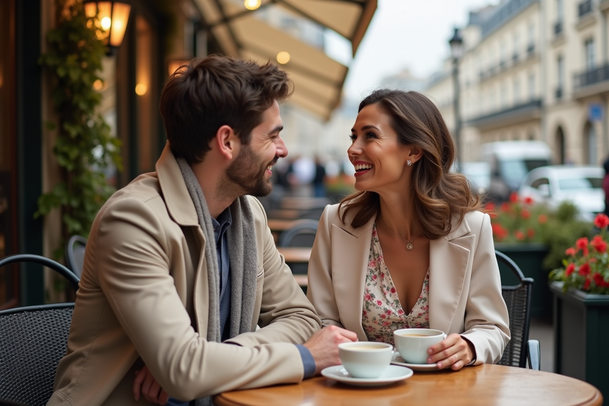 Jeune couple au café parisien en matinée
