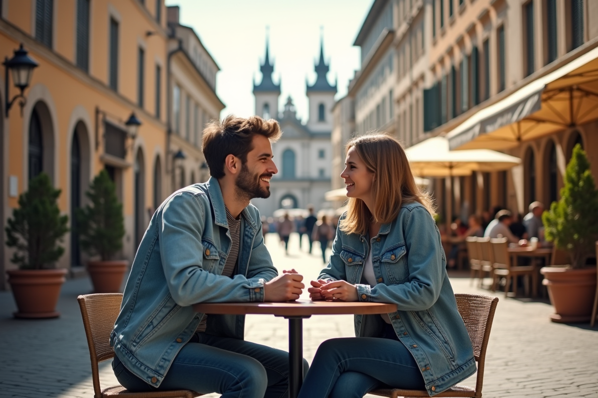 Couple souriant assis à un café en terrasse en Europe