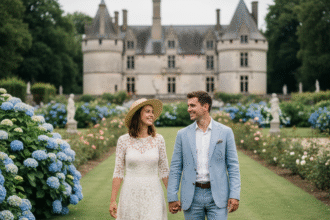 Jeune couple romantique dans un jardin normand