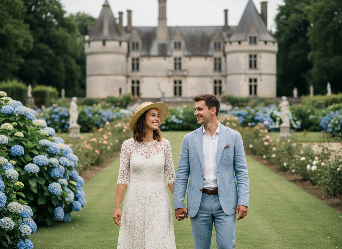 Jeune couple romantique dans un jardin normand