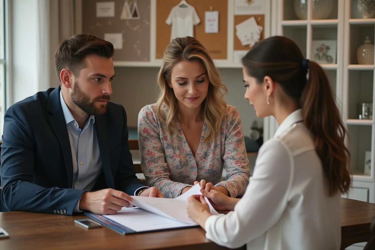 Couple de futurs mariés examinant un contrat et un catalogue avec une conseillère dans une boutique mariage à Bordeaux
