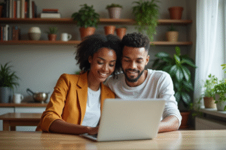 Jeune couple multiculturel dans la cuisine avec ordinateur