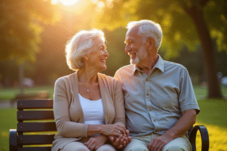 Couple âgé assis main dans la main sur un banc ensoleillé