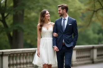 Couple élégant dans un parc urbain en journée