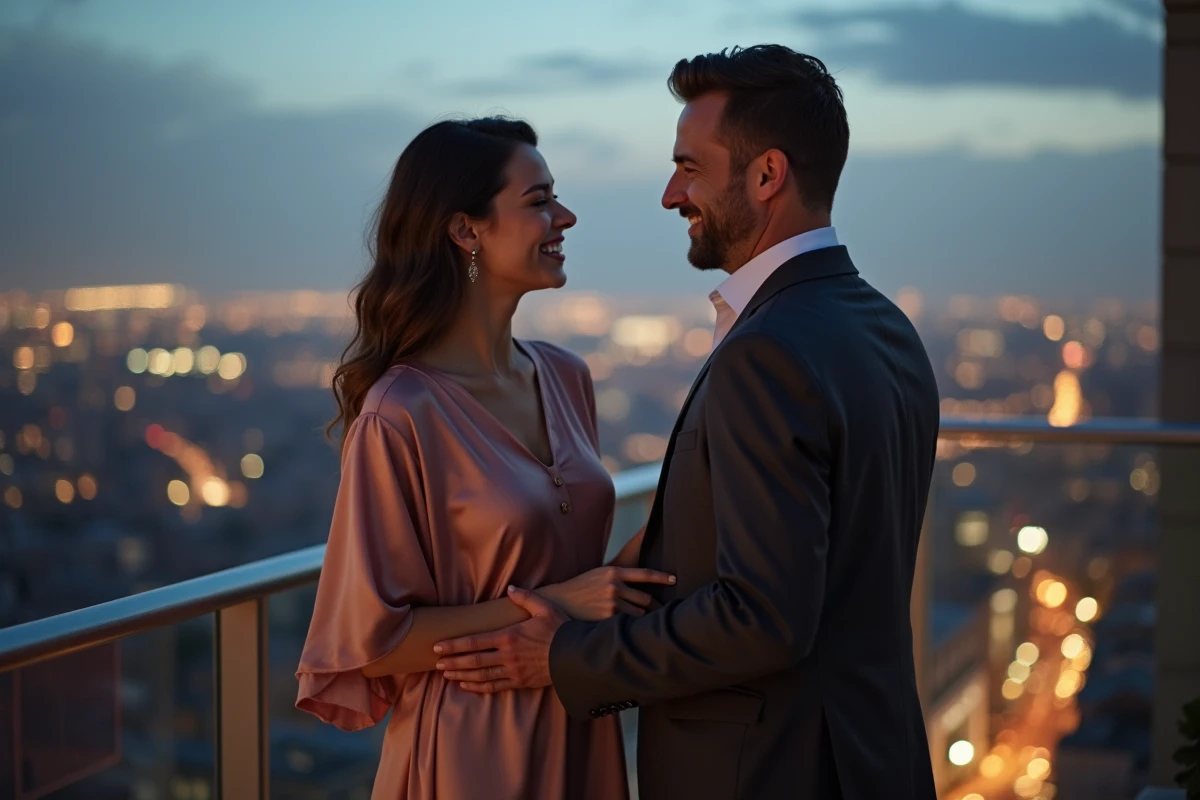 Couple élégant riant sur une terrasse urbaine avec vue sur la ville, symbolisant les relations amoureuses et la vie sentimentale des personnalités médiatiques