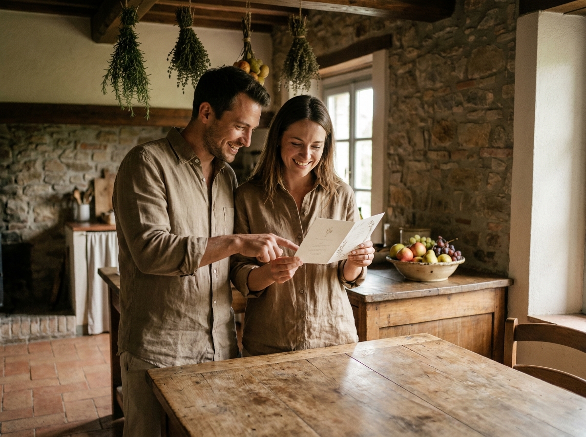Couple consultant leurs faire-part de mariage champêtre dans une cuisine de ferme en pierre avec des herbes séchées suspendues