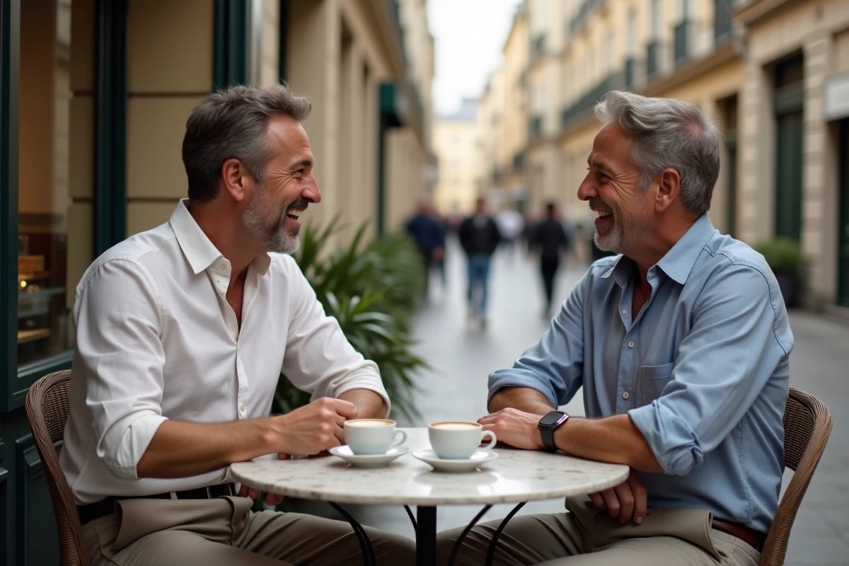 Deux hommes souriants attablés en terrasse de café parisien dans une atmosphère détendue et complice