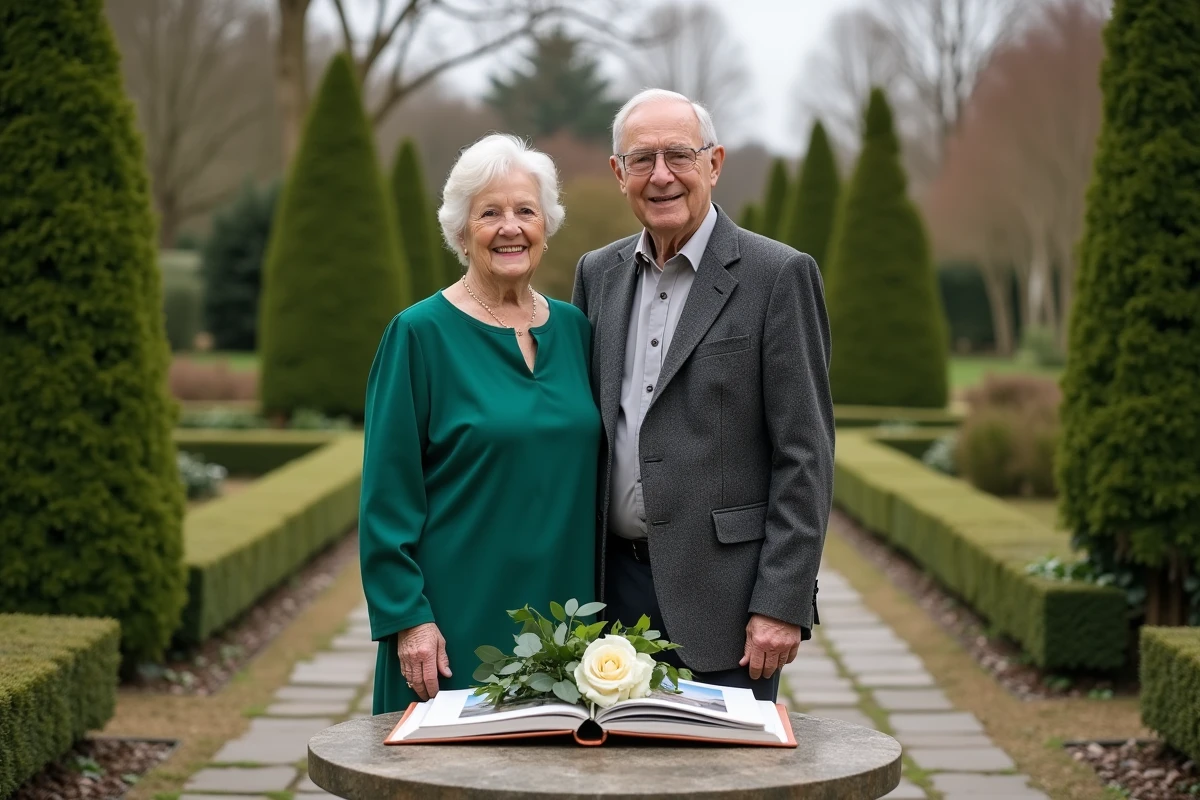 Couple de personnes âgées célébrant 55 ans de mariage dans un jardin avec un album souvenir ouvert sur une table en pierre