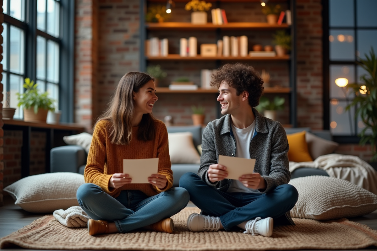 Jeune couple discutant avec des cartes questions dans un loft