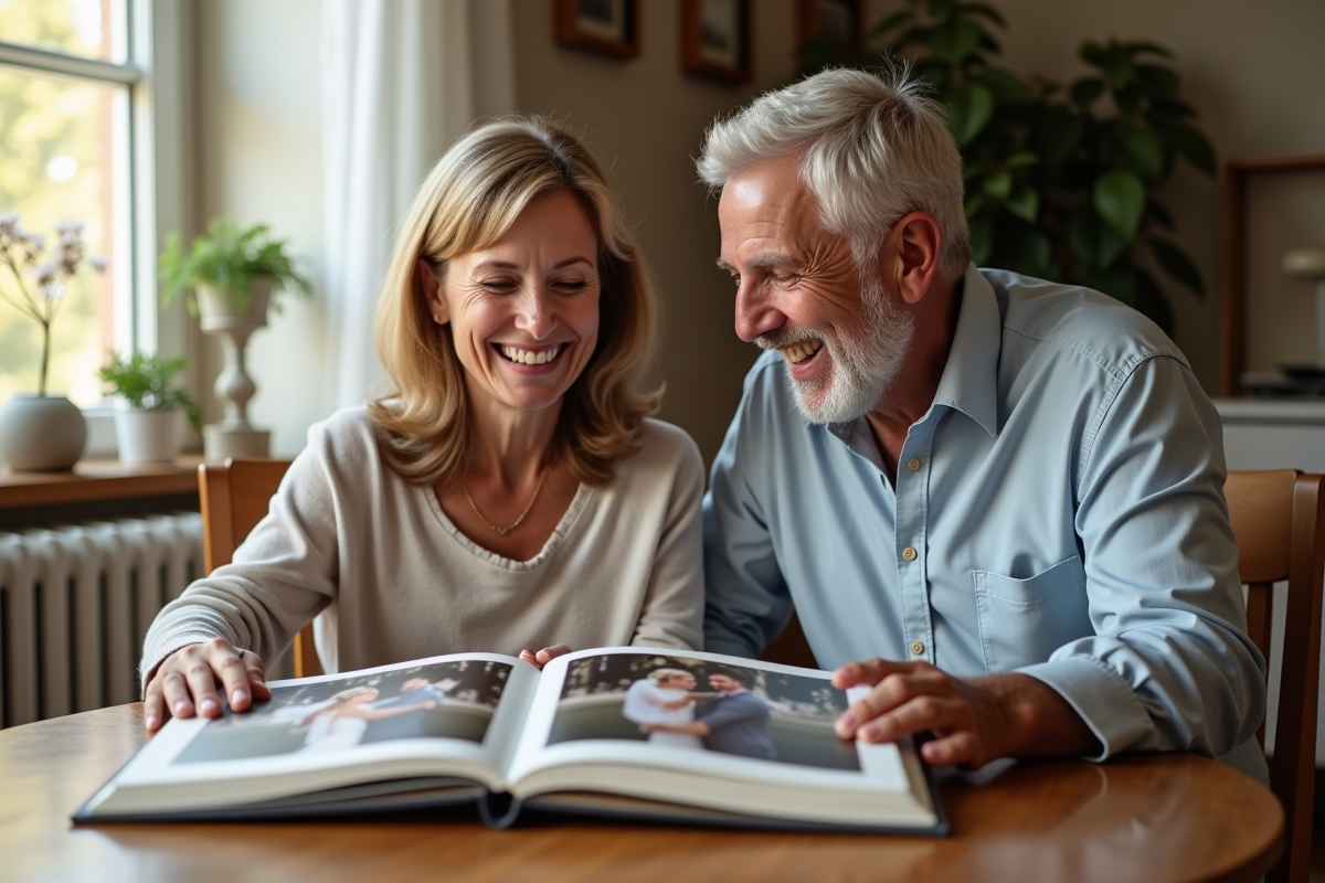 Couple d'âge moyen souriant en regardant un album photo de mariage