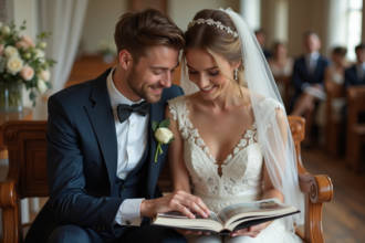 Jeune couple en mariage regardant un album photo