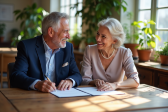 Couple de seniors signant un certificat de mariage dans un bureau rustique