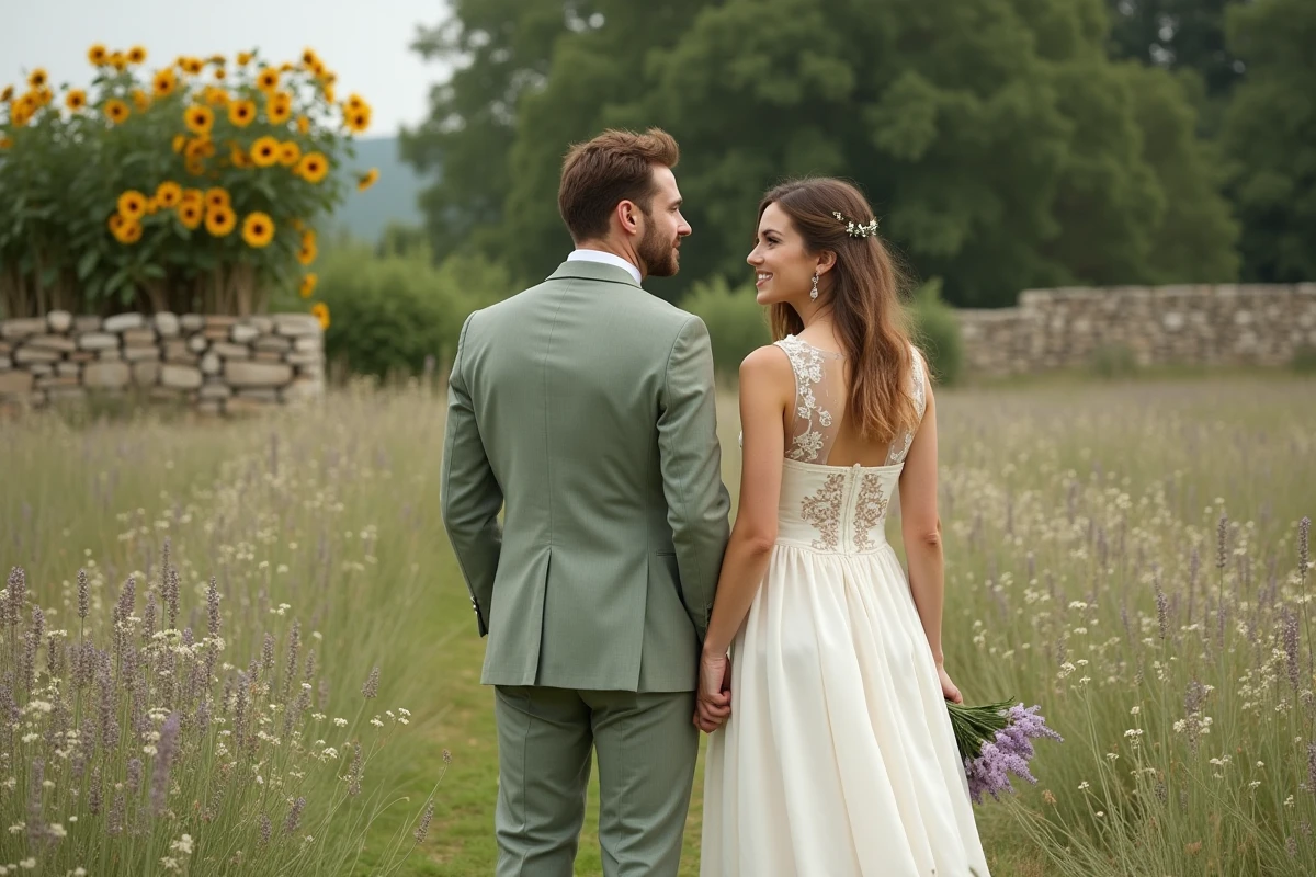 Couple de mariés en tenue champêtre dans un pré fleuri, robe ivoire brodée et costume en lin sauge pour un mariage civil à thème nature