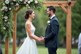 Couple souriant lors d'une cérémonie civile en plein air
