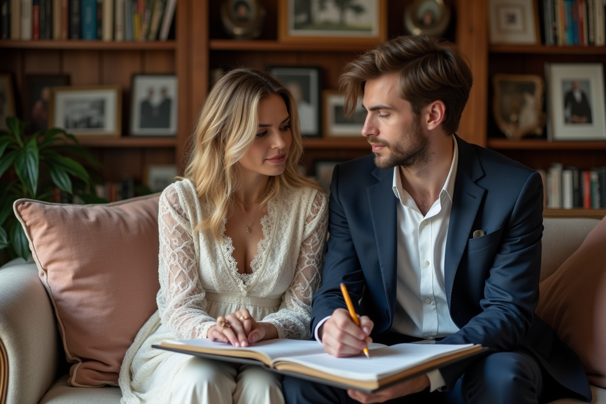 Jeune couple de mariés discutant avec un carnet de listes d