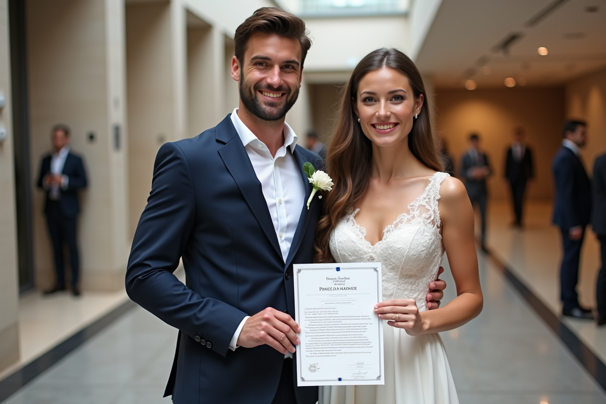 Jeune couple marié dans une mairie moderne en France