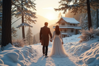 Couple de jeunes mariés dans la neige à Mussoorie
