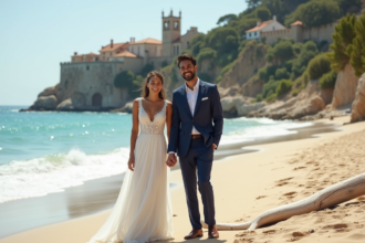 Jeune couple de mariage sur la plage méditerranéenne