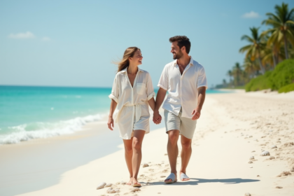 Jeune couple marié marche sur la plage de sable blanc