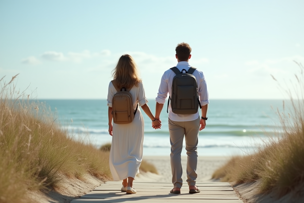 Couple marié en voyage sur la plage regardant l horizon
