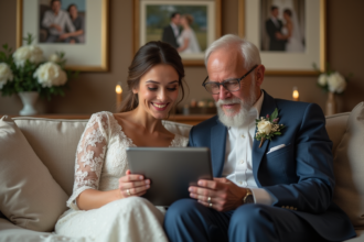 Femme souriante et homme âgé regardant un diaporama de mariage