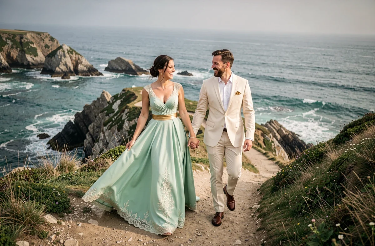 Mariés en robe vert d'eau et costume ivoire marchant sur un sentier côtier avec vue sur la mer
