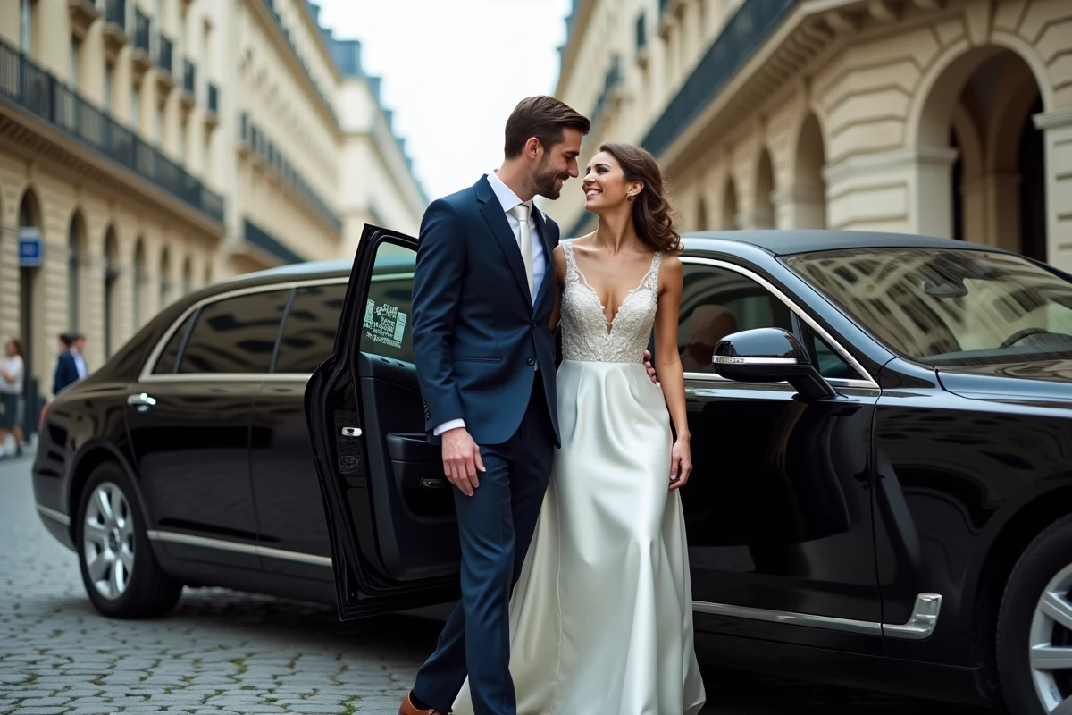 Couple de mariés sortant d'une limousine noire dans une rue parisienne pavée lors de leur mariage