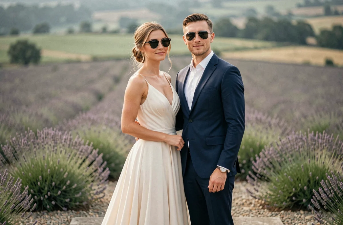 Couple de mariés portant des lunettes de soleil élégantes dans un champ de lavande lors d'une cérémonie laïque