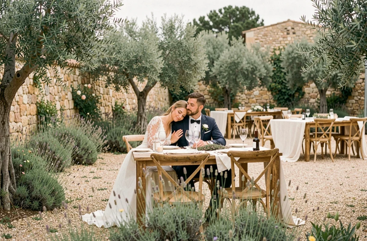 Couple de mariés dans un jardin provençal lors d'une réception de mariage champêtre et économique à Marseille