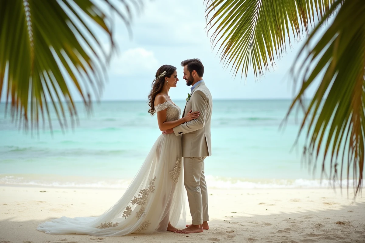 Couple de mariés sur une plage tropicale, la mariée en robe courte devant et longue derrière en tulle brodé