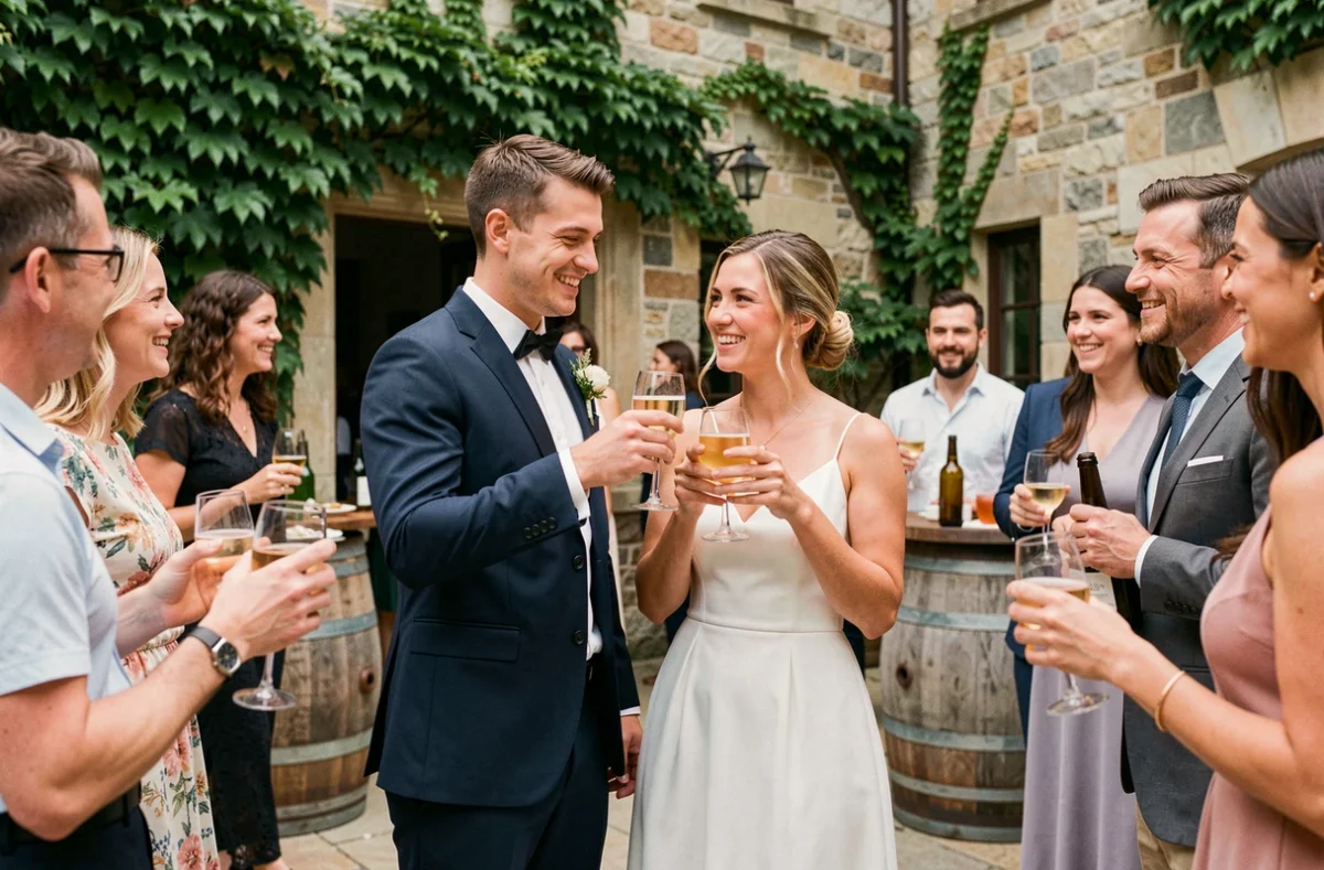 Couple de mariés souriant portant un toast au vin d'honneur économique dans une cour rustique avec des invités autour d'eux