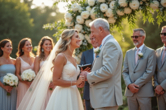 Couple mature échangeant leurs vœux en extérieur lors d'un mariage