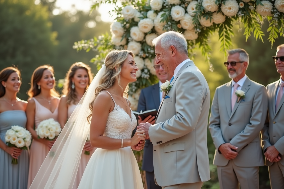 Couple mature échangeant leurs vœux en extérieur lors d'un mariage