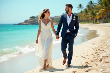 Couple heureux marche sur la plage pour un mariage