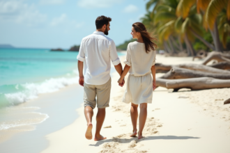 Jeune couple souriant sur la plage de sable blanc