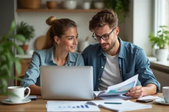Jeune couple planifiant un voyage à la maison