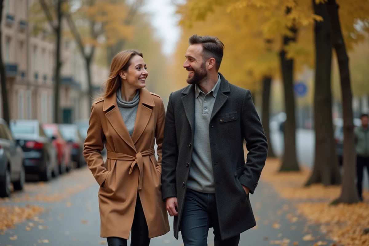 Couple complice se promenant sur un boulevard parisien en automne, évoquant la vie de couple et les projets communs en 2026