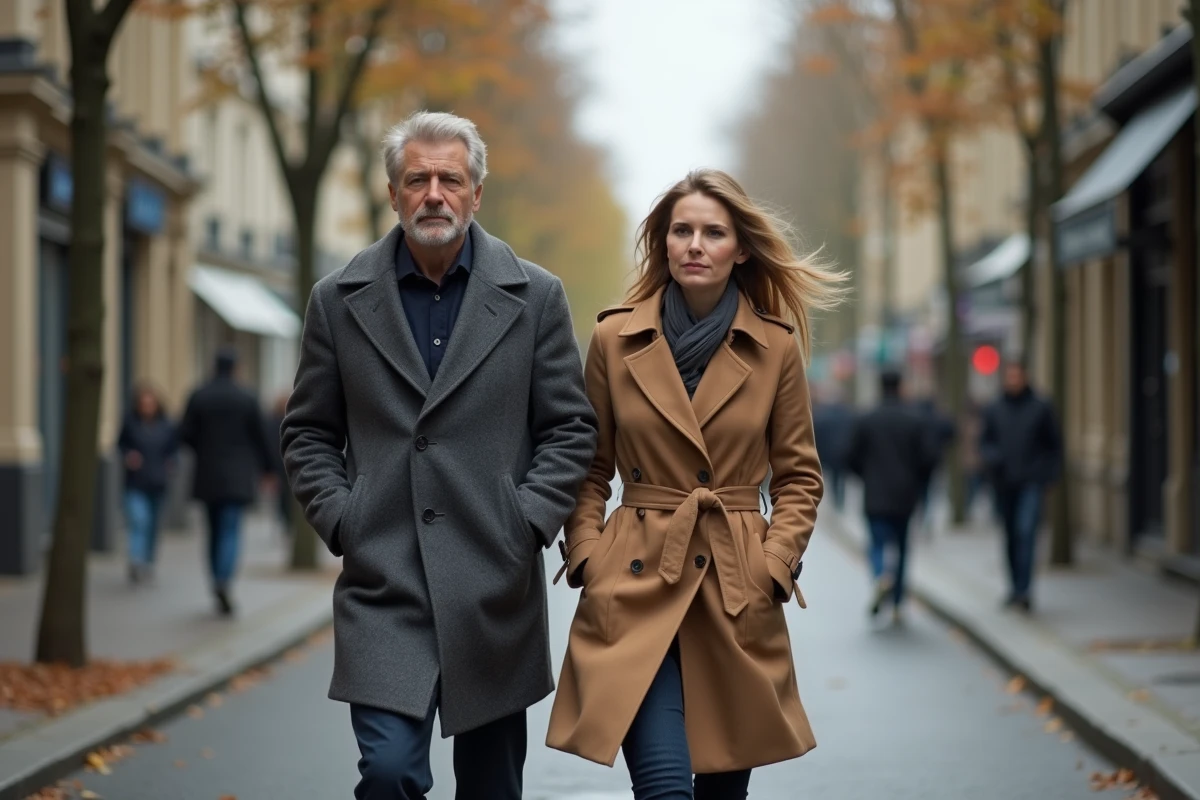 Couple marchant côte à côte dans une rue parisienne en automne, distance émotionnelle visible, rumeurs médiatiques
