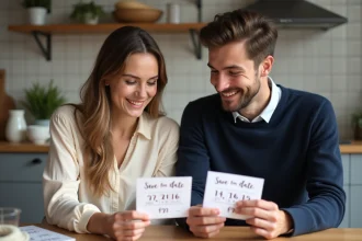 Jeune couple souriant avec cartes save the date dans la cuisine