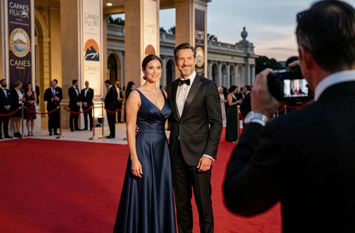 Couple élégant photographié sur le tapis rouge du Festival de Cannes par un photographe professionnel
