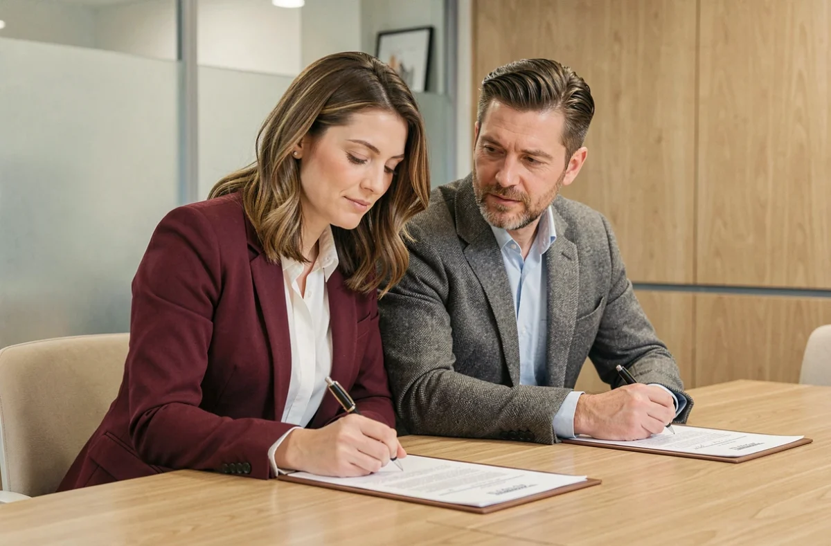 Couple marié signant des documents officiels chez le notaire pour un changement de régime matrimonial