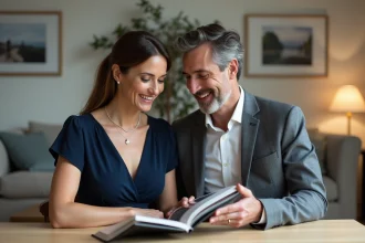 Couple souriant feuilletant un album de mariage dans un salon